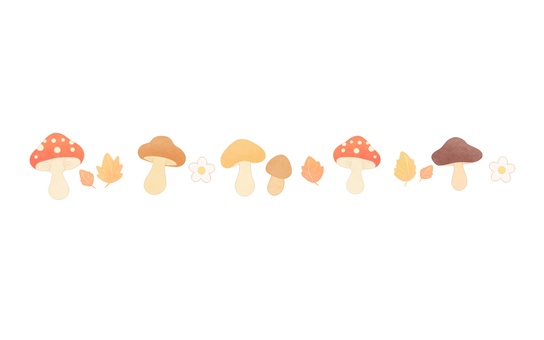 きのこと秋色リーフのライン素材２ きのこ,キノコ,葉っぱ,リーフ,花,ライン,ライン素材,区切り線,罫線,飾り線のイラスト素材