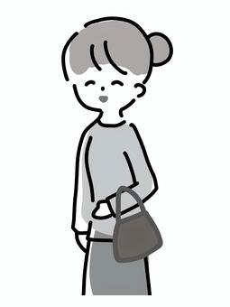 カバンを持つ女性　笑顔　白黒イラスト カバン,女性,白黒,笑顔,バッグ,買い物,シンプル,ラフタッチ,かわいい,手書き風のイラスト素材