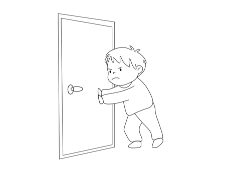 【動作絵】ドアを押す男の子 男の子,ドア,押す,動作絵,絵カード,子供,言語聴覚療法,療育,ラインアート,シンプルのイラスト素材