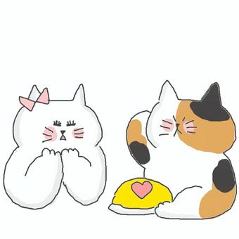 オムライスを作ってあげた三毛猫ちゃん かわいい,オムライス,たまご,ケチャップ,洋食,料理,照れる,嬉しい,びっくり,衝撃のイラスト素材