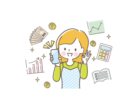 スマホでポイ活する若い女性 スマホ,ok,ポイ活,女性,若い,主婦,画面,嬉しい,やる気,家計簿のイラスト素材