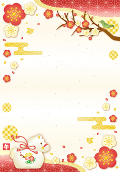 午の置物と梅の木の和風フレーム（縦） 年賀状,お正月,午年,干支,置物,梅,花,和,キラキラ,かわいいのイラスト素材