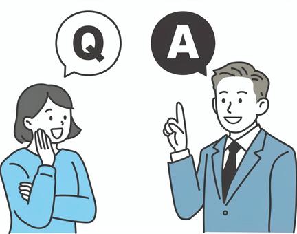 Q&A　質問するビジネスマンと答える女性 人物,質問,回答,ビジネスマン,ビジネスウーマン,男性,女性,会社員,サラリーマン,困るのイラスト素材