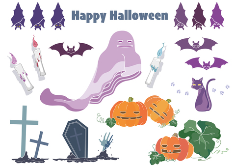 ハロウィン素材12 ハロウィン素材12 ハロウィン,お化け,コウモリ,ジャックオーランタン,かぼちゃ,ろうそく,猫,墓地,墓石,十字架のイラスト素材