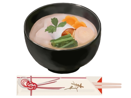お雑煮26（白みそ）2（箸付き） お雑煮,雑煮,白味噌,箸,関西,餅,丸餅,お餅,正月,大根のイラスト素材