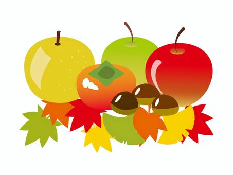 秋の果物と紅葉のイラスト素材 秋,果物,紅葉,りんご,梨,柿,栗,食べ物,味覚,フルーツのイラスト素材