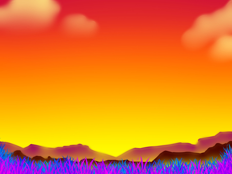 綺麗な夕焼けの景色の背景 夕焼け,景色,背景,壁紙,綺麗,おしゃれ,手描き,原っぱ,山,雲のイラスト素材