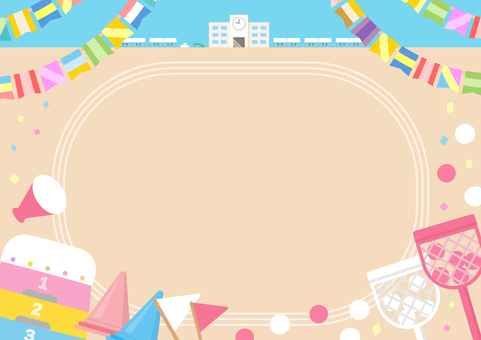 楽しい運動会の背景イラスト03 運動会,秋,背景,フレーム,旗,手描き,テント,小学校,小学生,応援のイラスト素材