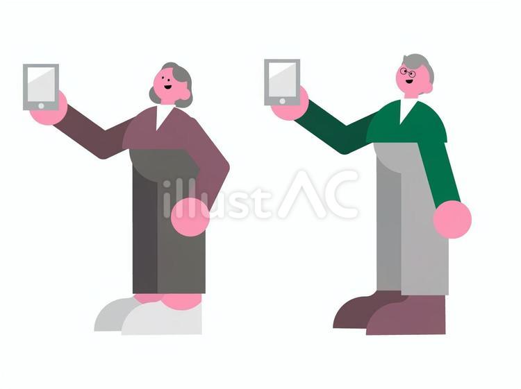 スマホを持っているシニア男女のセット スマホ,携帯,端末のイラスト素材
