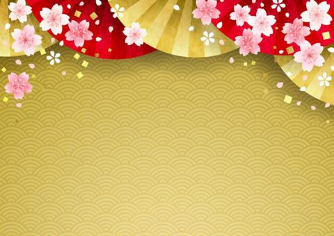 Autumn25166 桜,扇子,青海波,水彩,金色,和紙,かわいい,花,和風,和柄のイラスト素材