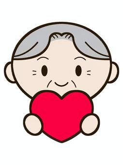 手書き_ハートを持った高齢男性_01 おじいちゃん,手書き,線画,男性,高齢者,シニア,祖父,笑顔,優しい,かわいいのイラスト素材