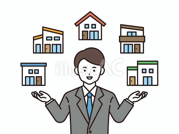 一軒家を紹介する男性（カラー） 不動産,ビジネス,案内のイラスト素材