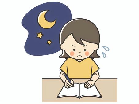 夜に試験勉強をする若い女性 勉強,宿題,学習,テスト,学ぶ,課題,塾,自主勉強,自習,授業のイラスト素材