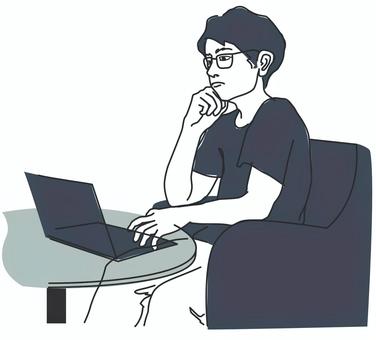パソコンと男性 男性,メガネ,パソコン,仕事,カフェ,調べもののイラスト素材