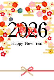 2026午年年賀状-和花柄 年賀状,年賀はがき,午年,十二支,2026年,令和8年,正月,新春,元旦,元日のイラスト素材