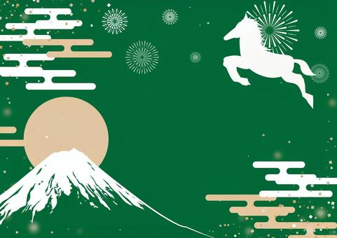 緑色の可愛い午年の正月の和風背景素材 午年,正月,和風,富士山,日の出,馬,雲,花火,日本,ポップのイラスト素材