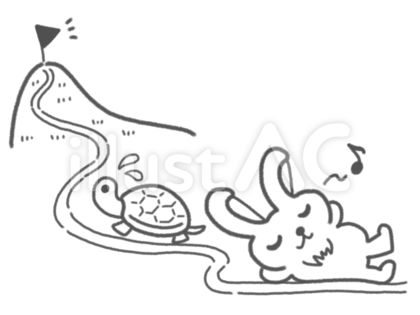 童話のウサギとカメ(白黒線画)
