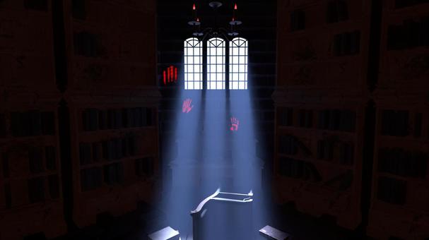 血の手形が語る図書館の亡霊 ファンタジー,書斎,本棚,書庫,本,背景,部屋,空間,資料,アンティークのイラスト素材