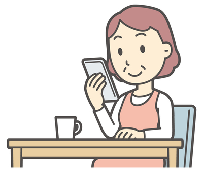  テーブルでスマホを見ている中年の女性 見る,おばさん,人,女性,中年,おばちゃん,シニア,ママ,主婦,ヘルパーのイラスト素材