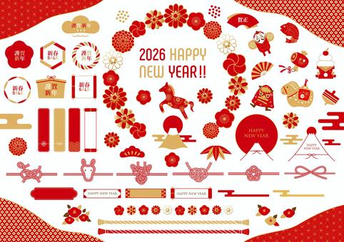 2026年の午年のフレームセット お正月,正月,年賀状,2026年,2026,午年,馬,令和8年,セット,あしらいのイラスト素材