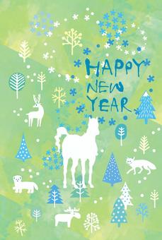 年賀状うま＿北欧風01 年賀状,北欧風,午,森,雪,木,結晶,針葉樹,枯れ木,干支のイラスト素材