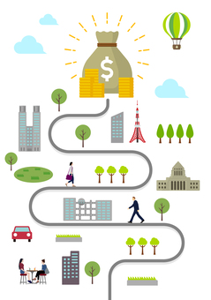 お金と人々の日常風景 縦長バナー 縦長,バナー,ビジネス,お金,億万長者,成功,経済,人々,生活,道のイラスト素材