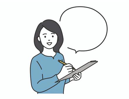クリップボードに記入し話す女性と吹き出し 女性,30代,人物,日本人,上半身,笑顔,クリップボード,ペン,記入,メモのイラスト素材
