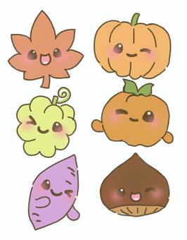 秋のフルーツキャラセット 秋,フルーツ,野菜,果物,紅葉,葉っぱ,かぼちゃ,柿,栗,マスカットのイラスト素材