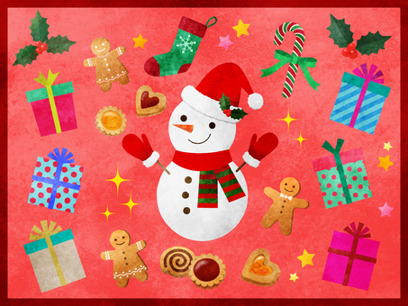クリスマスアイテム 雪だるま,クリスマス,飾り,オーナメント,ソックス,行事,冬,ヒイラギ,サンタ帽,マフラーのイラスト素材