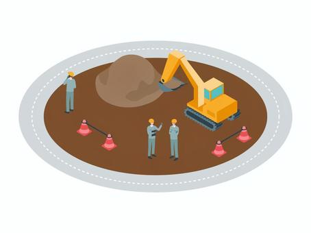 アイソメトリック_工事現場全体図 アイソメトリック_工事現場全体図 アイソメトリック,立体,アイソメ,斜め上,シャベルカー,作業員,人物,カラーコーン,道路,現場のイラスト素材