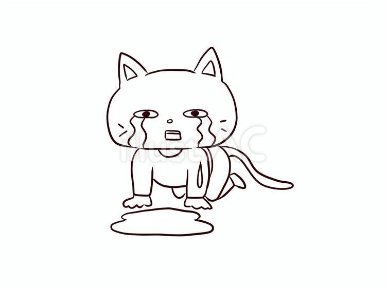泣いている猫のイラスト(白黒) 猫,泣く,涙のイラスト素材
