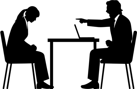 上司に叱責される女性社員のシルエット 叱責,叱る,注意,指導,怒る,怒鳴る,女性,謝罪,パワハラ,ハラスメントのイラスト素材