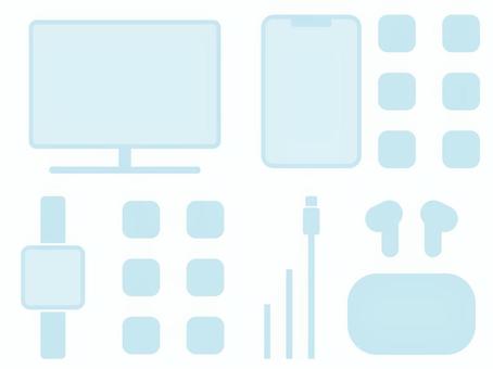 ガジェット素材 スマホ,セット,シンプル,ポップ,イヤホン,かわいい,パソコン,家電,モニター,web素材のイラスト素材