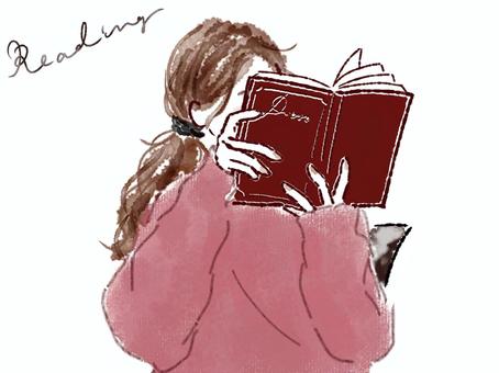 女性　本　読書　読む　ロングヘア　水彩 女性,本,読書,ピンク,本を読む,趣味,くつろぐ,リラックス,文庫,休憩のイラスト素材