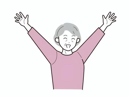 両手を上にあげ笑顔のシニア女性2／カラー 上半身,長袖,両手,バンザイ,笑顔,おばあさん,老人,高齢者,シニア,女性のイラスト素材