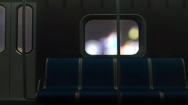 海外風の電車の暗い車内から見える煌く夜 電車,電車内,背景,乗り物,座席,吊り革,公共機関,交通機関,通勤,通学のイラスト素材
