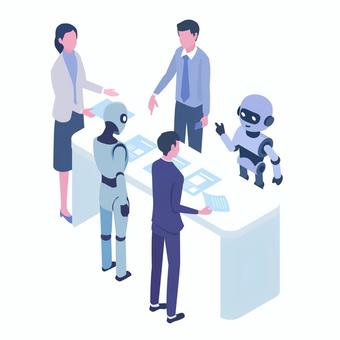 ロボットAIと会議 アイソメトリック,ロボット,ai,会議,テクノロジー,書類,ビジネス,人物のイラスト素材