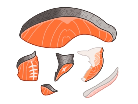 鮭の切り身と切り落とし 鮭,切り身,切り落とし,切り出し,魚,サーモン,しゃけ,カマ,ハラス,尾のイラスト素材