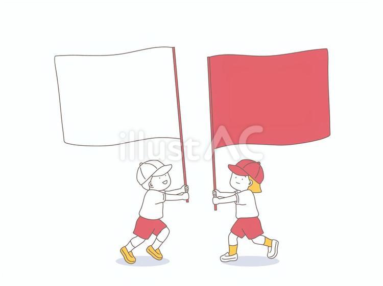 大旗を持って走る男女のイラスト素材 運動会,小学生,応援のイラスト素材