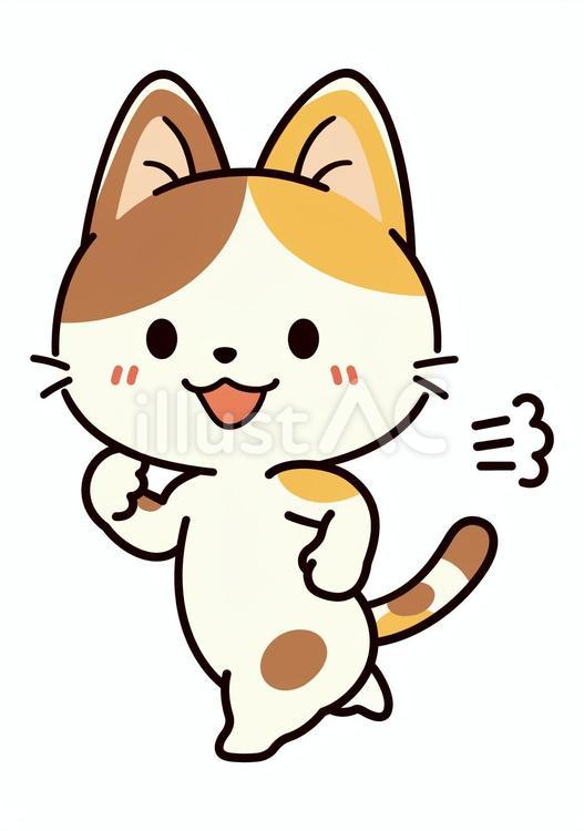 軽快に走っている可愛い三毛猫 猫,三毛猫,ゆるいのイラスト素材