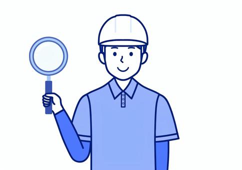 虫眼鏡で診断・検査・点検をする作業員男性 屋根職人,メンテナンス,虫眼鏡,調べる,男性,ヘルメット,ポロシャツ,軍手,点検,建築業のイラスト素材