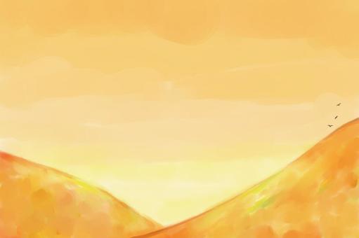 水彩画風の丘と空の背景 風景,丘,山,空,鳥,自然,背景,水彩,手描き,淡いのイラスト素材