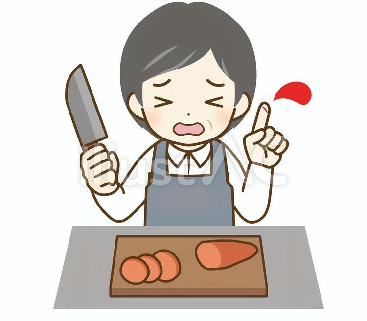 料理中に怪我するエプロンの中年男性 デフォルメ,キャラクター,表情のイラスト素材