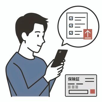 オンライン診療の手続き-男性 オンライン診療,オンライン受診,遠隔医療,遠隔診療,オンライン服薬指導,スマホ受診,保険証,問診票,スマホ,医療のイラスト素材
