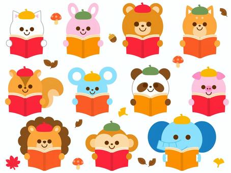 Autumn animals reading (no main lines), , JPG, PNG and AI
