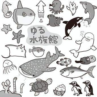 モノクロのゆるい水族館の生き物セット モノクロ,白黒,グレースケール,ゆるい,水族館,生き物,動物,魚類,哺乳類,タツノオトシゴのイラスト素材