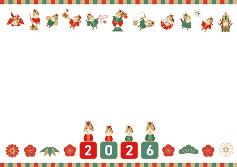 2026年の午年のフレーム お正月,正月,年賀状,2026年,2026,午年,馬,令和8年,セット,あしらいのイラスト素材