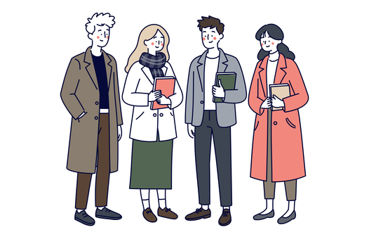 秋冬服の大学生グループのイラスト02 人物,男女,大学生,学生,若者,グループ,友達,青春,秋,冬のイラスト素材