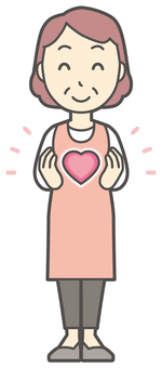  エプロンおばちゃん-145-全身 ハート,おばちゃん,エプロン,お母さん,ママ,中年,おばさん,主婦,人物,かわいいのイラスト素材