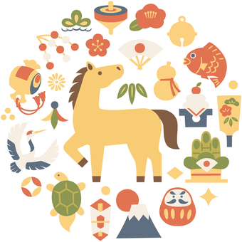 手描き風のかわいい縁起物の日の丸　午年 午年,馬,縁起物,2026年,2026,令和8年,令和八年,お正月,午,和のイラスト素材